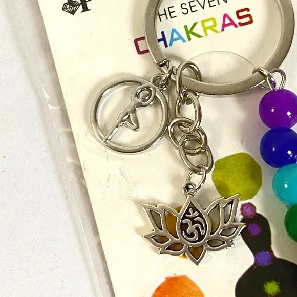 The Seven Chakras Yoga Lotus Flower Charms Keychain Multi Beads Silver Tone New - Picture 3 of 4